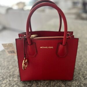 Michael Kors Red Pebbled Leather Satchel with Gold Logo